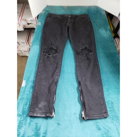mnml Jeans Size 36x32 Mens Black Pants Distressed Ankle Zip Button Fly Straight - Picture 1 of 13